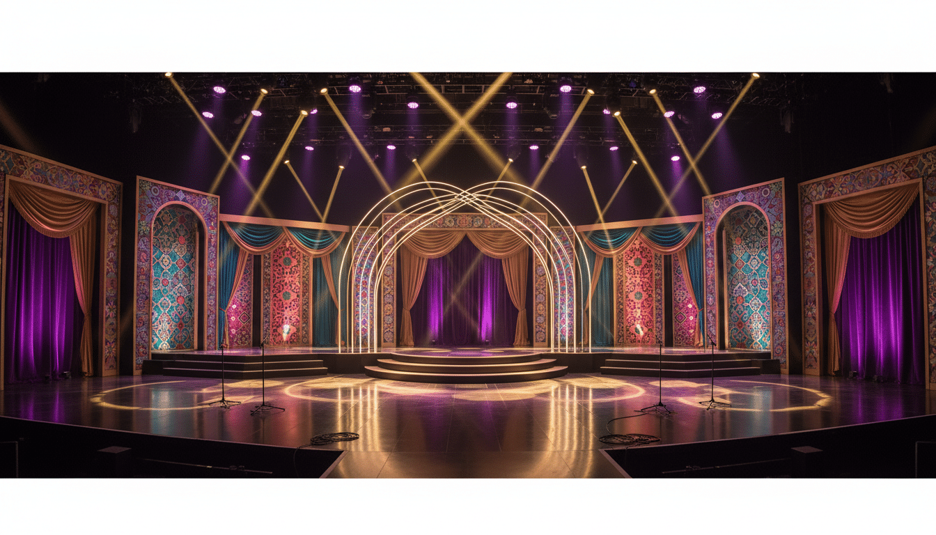 Plateau de tournage coloré avec éclairages dorés et violets évoquant l'univers scénique de Mask Singer sur TF1