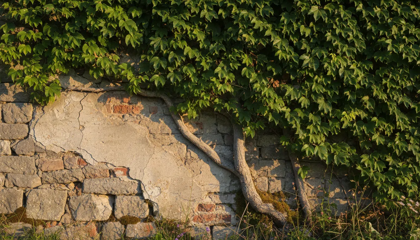 Façade de maison avec lierre arraché révélant le crépi abîmé