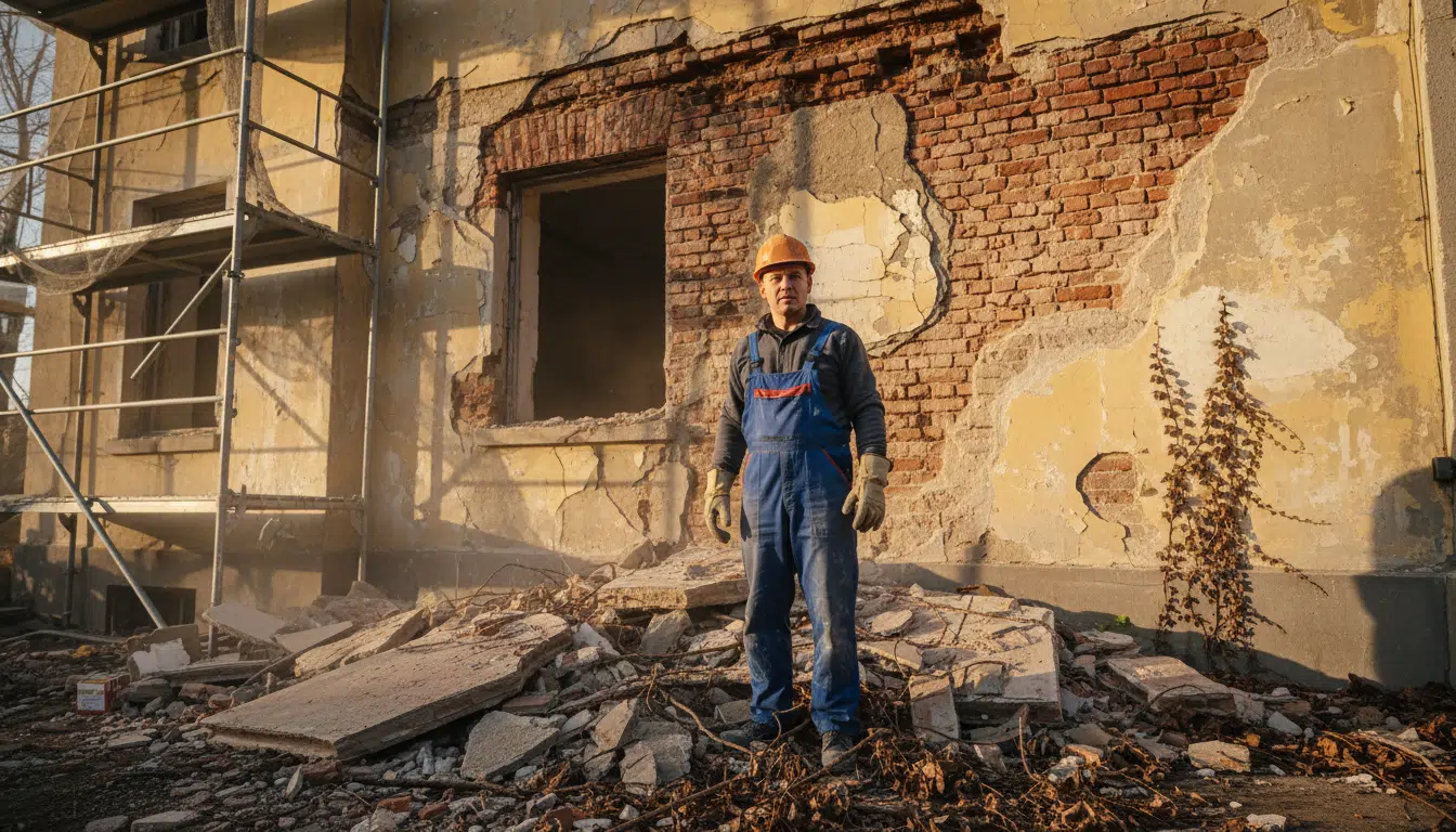 Propriétaire devant sa façade endommagée après retrait du lierre
