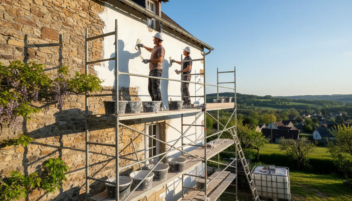 Artisans sur échafaudage réalisant un ravalement de façade