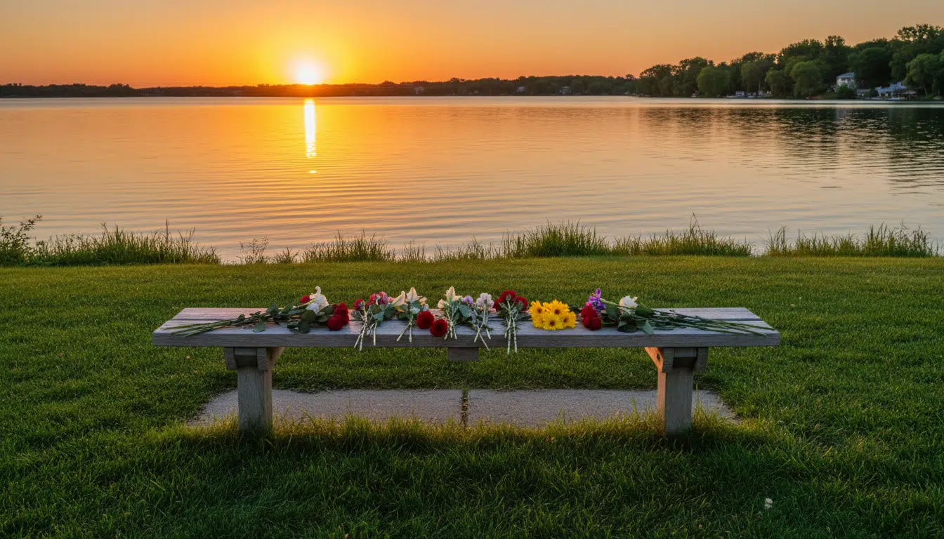 Banc commémoratif dans le parc de Big Lake au coucher du soleil