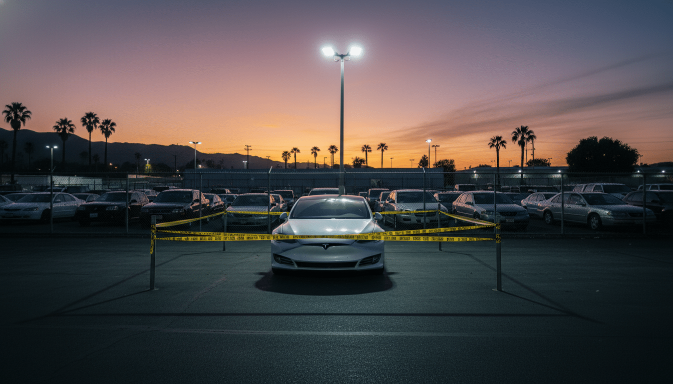 Tesla garée dans une fourrière d'Hollywood entourée de ruban policier