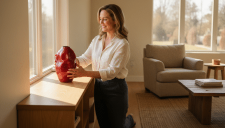 Femme arrangeant un vase rouge cerise près d'une fenêtre ensoleillée