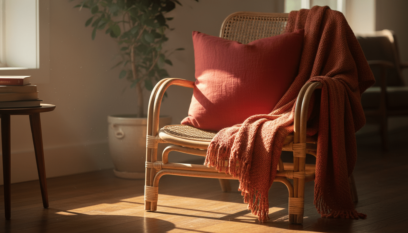 Coussin rouge cerise et plaid fauve sur fauteuil en rotin