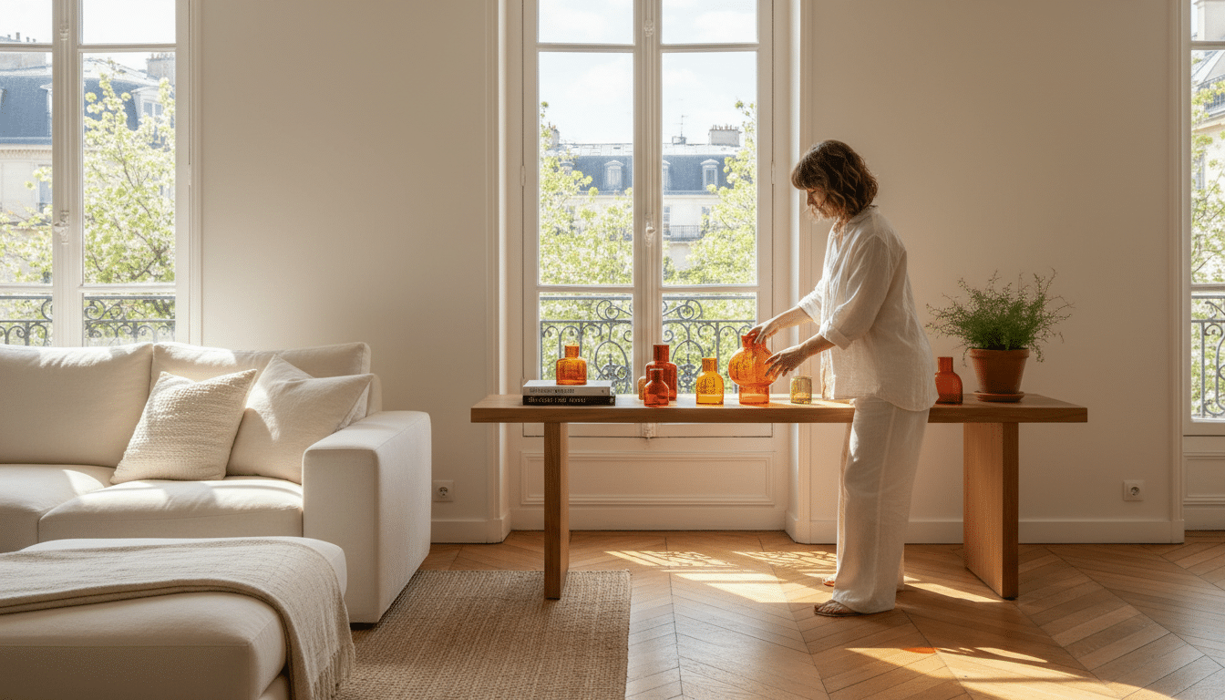 Femme disposant des objets colorés cerise près d'une fenêtre lumineuse