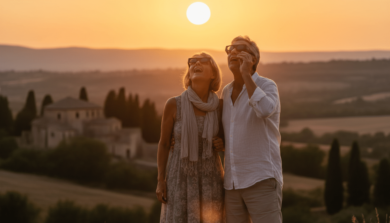 Couple français observant l'éclipse solaire avec des lunettes