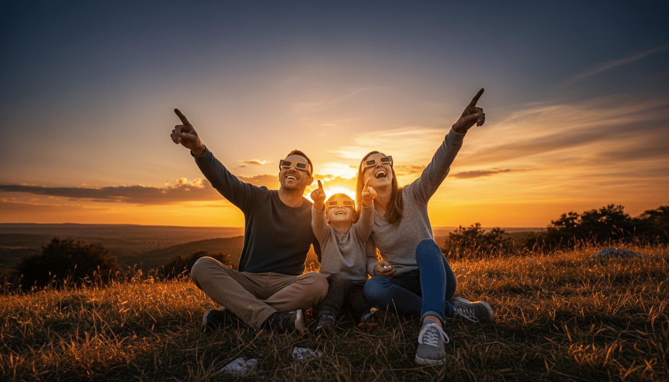 Famille observant l'éclipse solaire au coucher du soleil