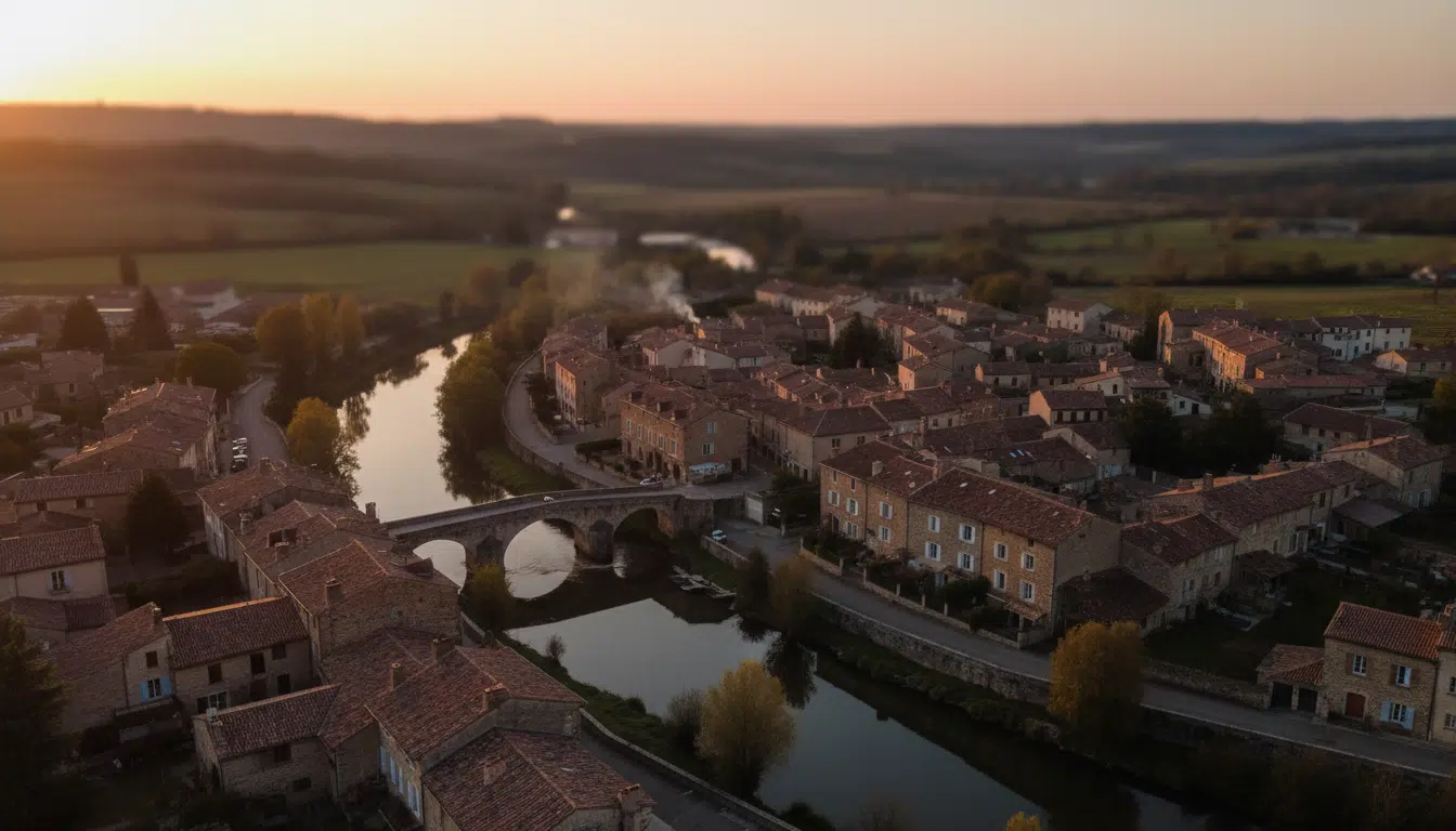 Vue aérienne d'une ville normande au crépuscule