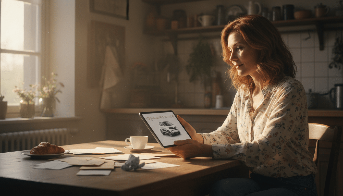 Femme consultant une offre de leasing social sur tablette