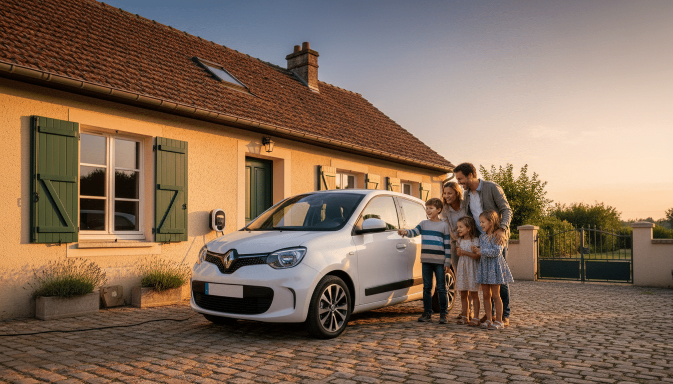 Citadine électrique en charge devant une maison française