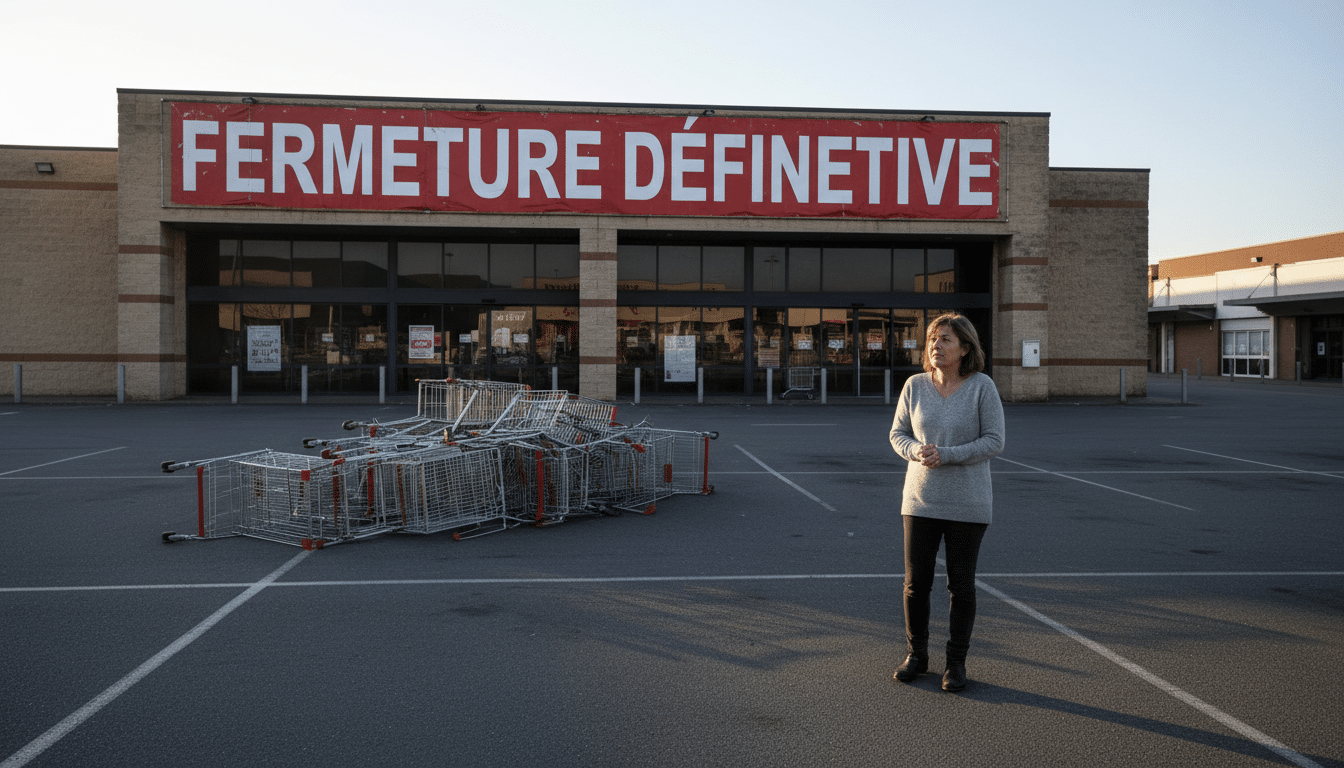 Magasin français avec une banderole de fermeture définitive