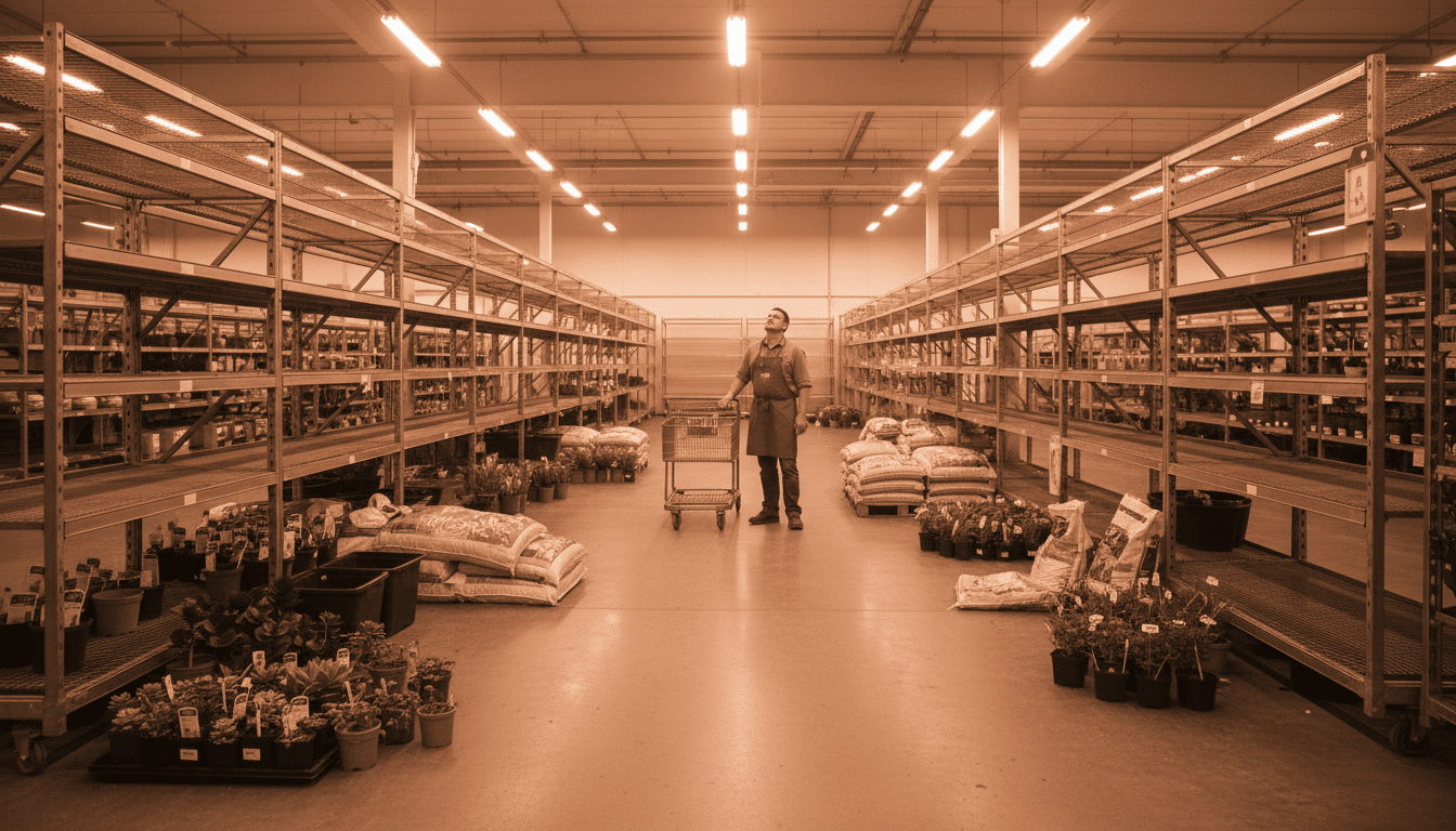 Rayons vides dans une jardinerie en cours de fermeture