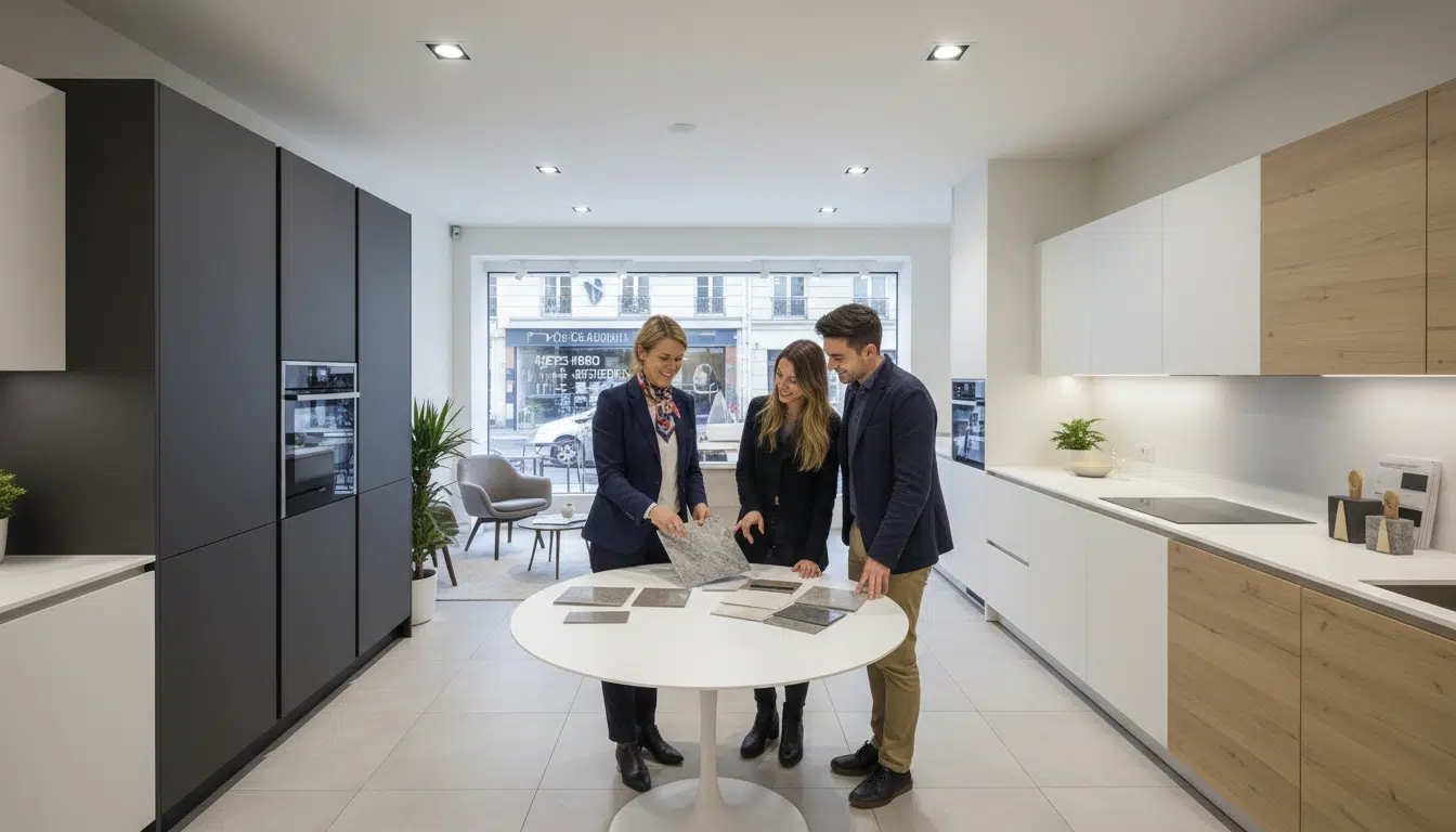 Boutique spécialisée Leroy Merlin cuisine avec consultante et clients