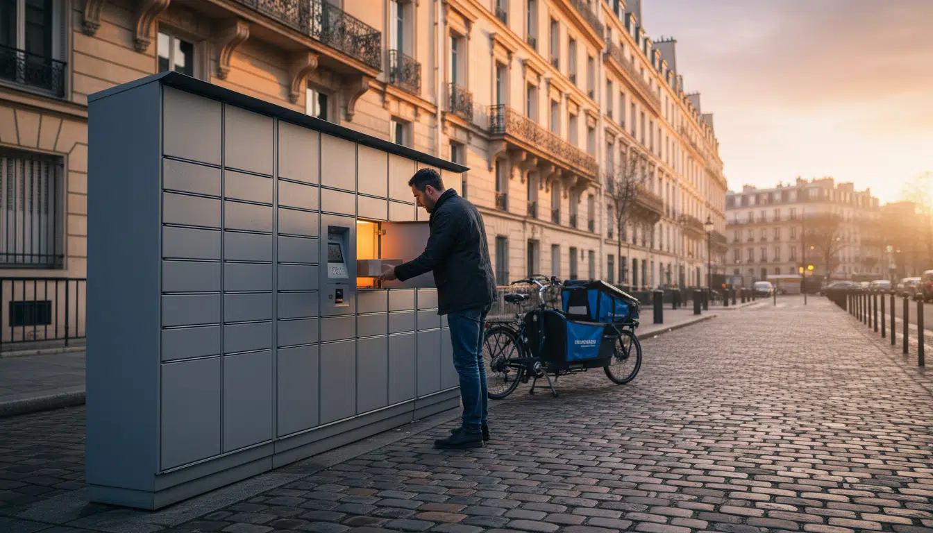 Locker de retrait Leroy Merlin sur un trottoir parisien à l'aube
