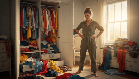 Femme devant un placard de vêtements en désordre