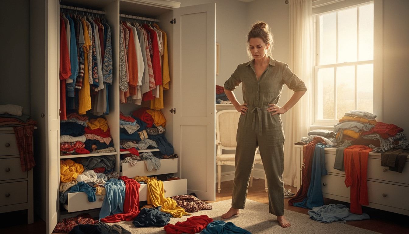 Femme devant un placard de vêtements en désordre