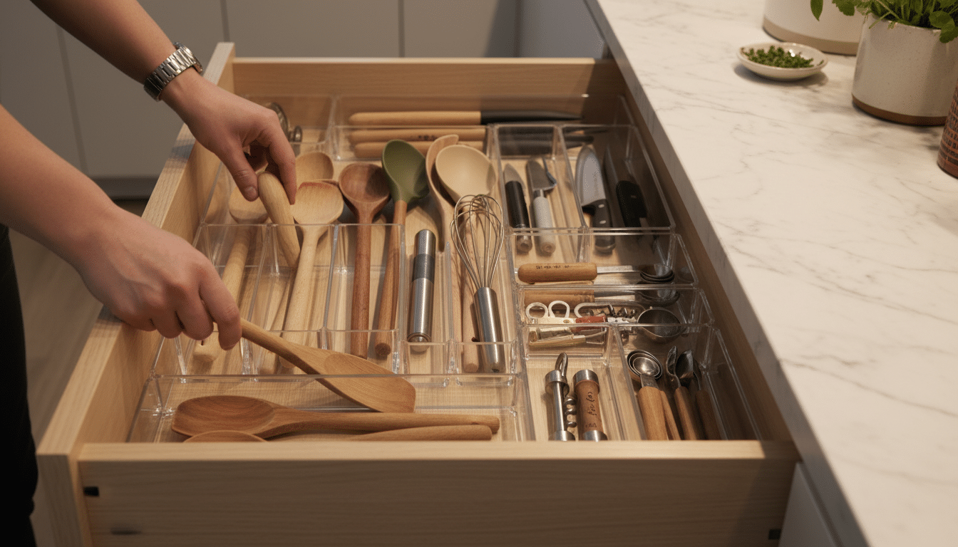 Tiroir de cuisine organisé avec ustensiles rangés verticalement