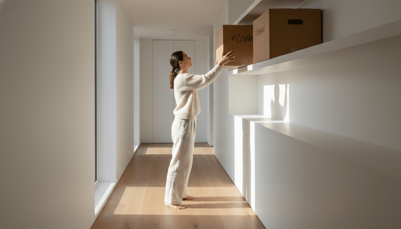 Boîte d'attente étiquetée rangée en hauteur dans un placard