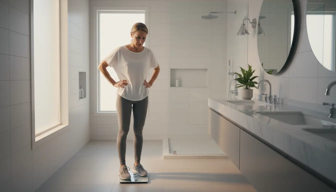 Femme déçue sur une balance malgré le sport