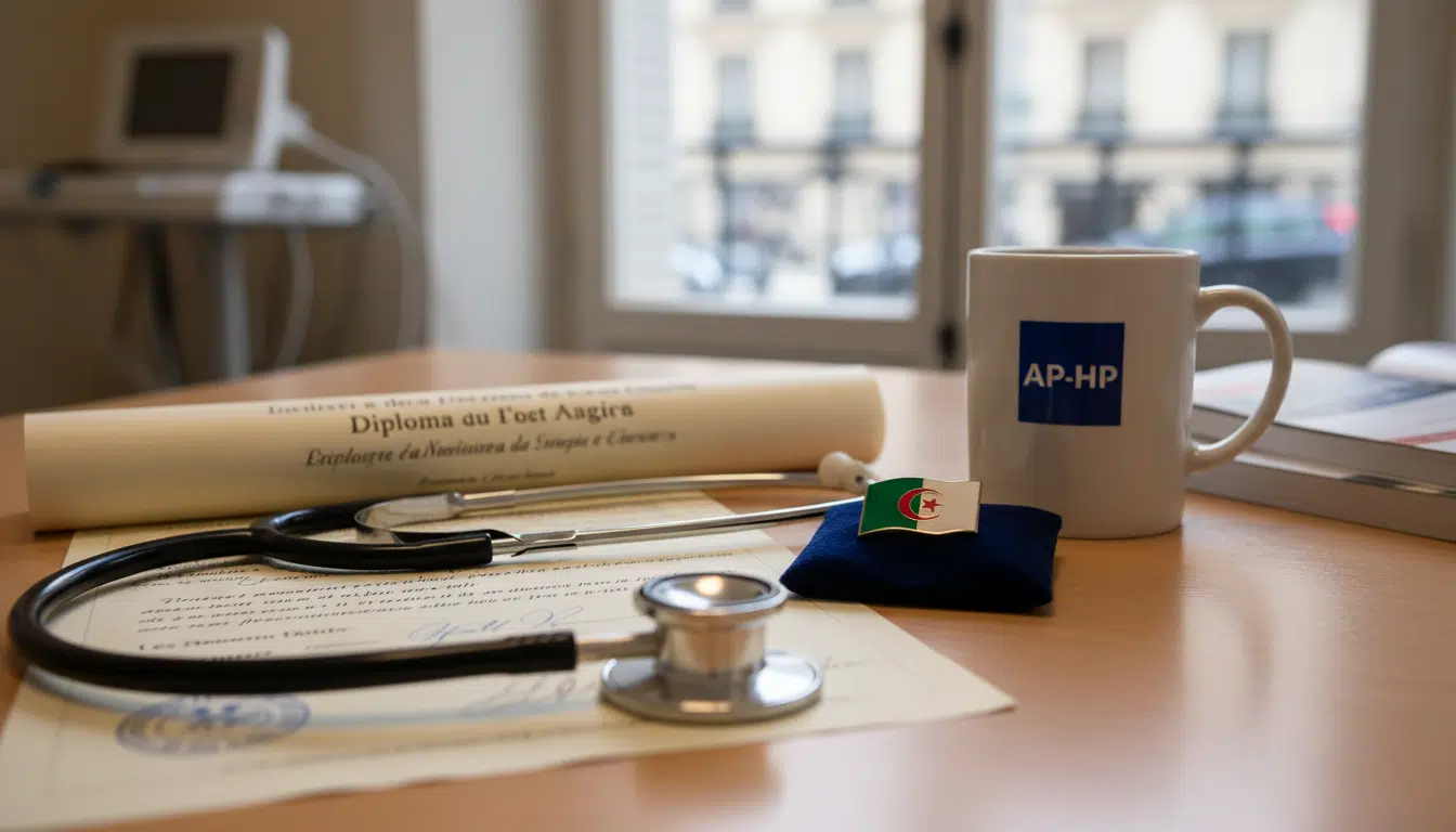 Stéthoscope et diplôme médical étranger sur un bureau d'hôpital français