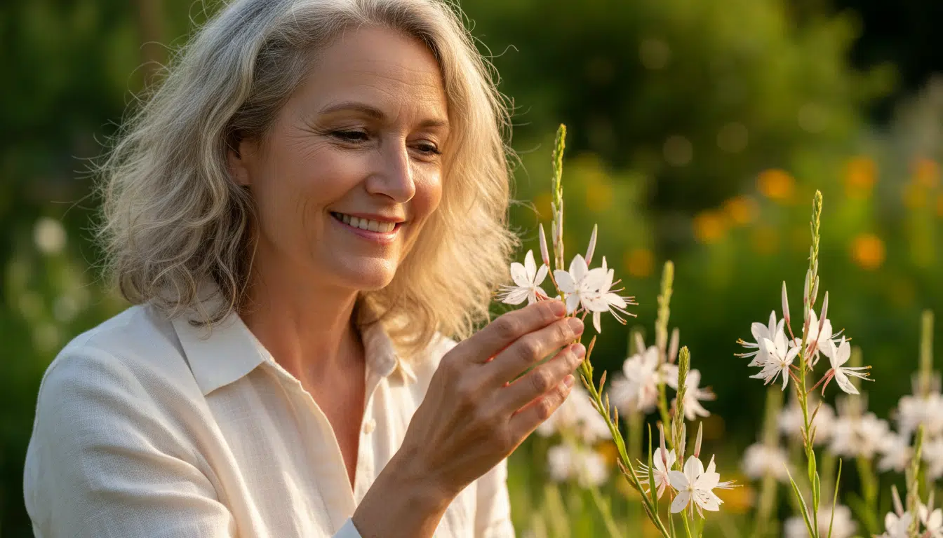 Femme souriante devant des fleurs de gaura au jardin