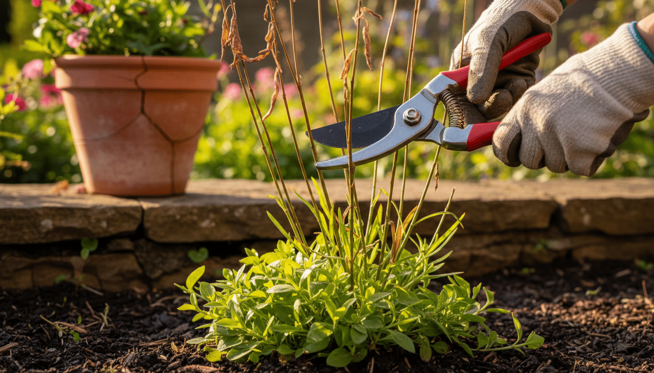 Taille estivale du gaura au sécateur dans un jardin