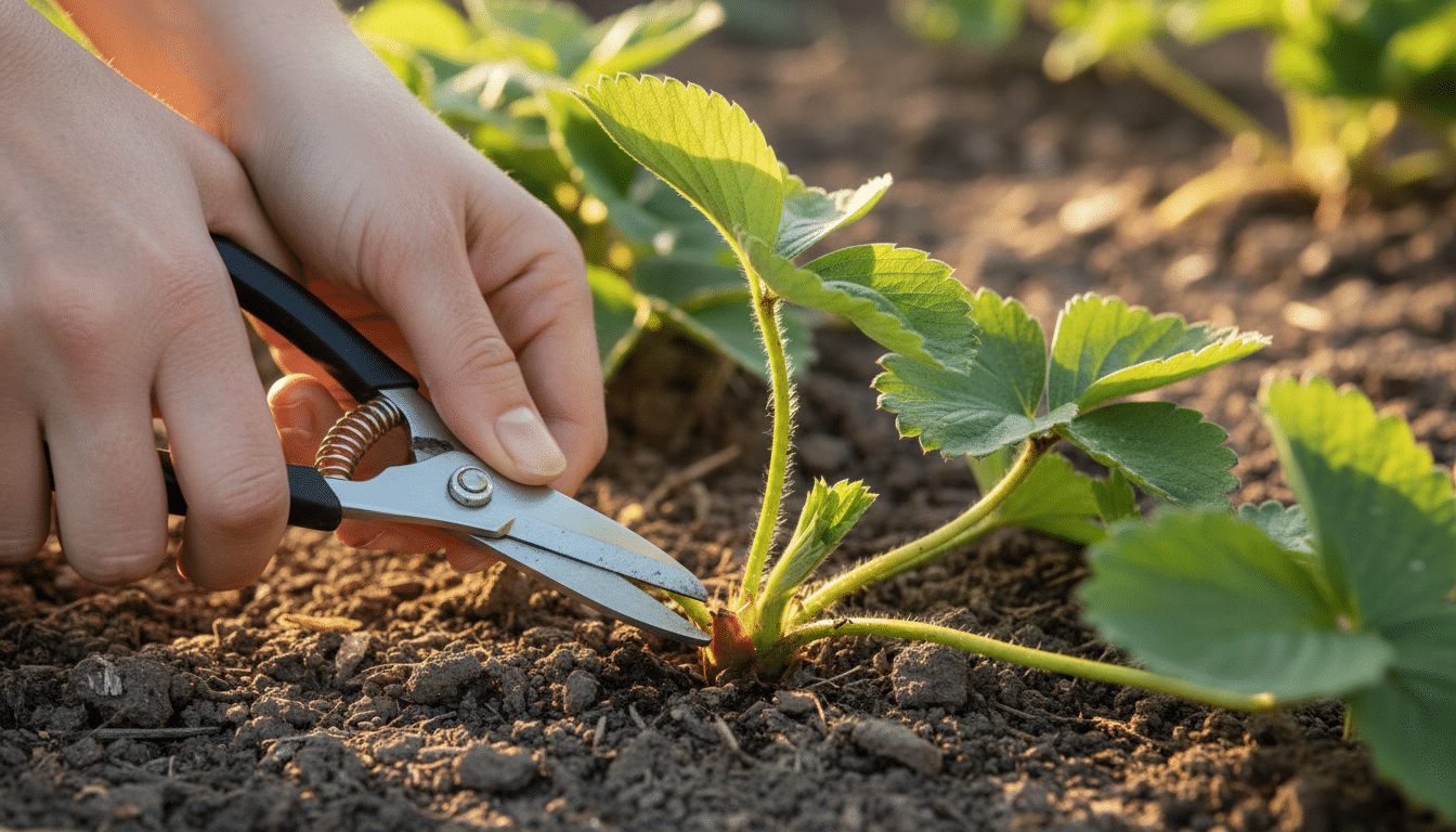 Mains coupant un stolon de fraisier aux ciseaux