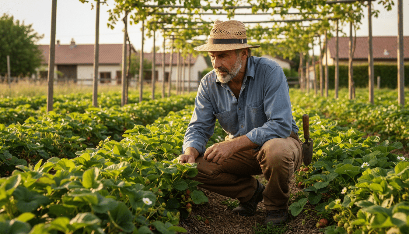Jardinier inspectant ses pieds de fraisiers