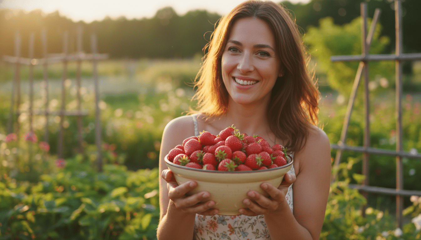 Femme souriante avec un bol de fraises fraîches