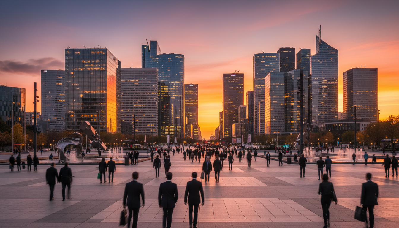 Les tours de La Défense au coucher du soleil en Île-de-France