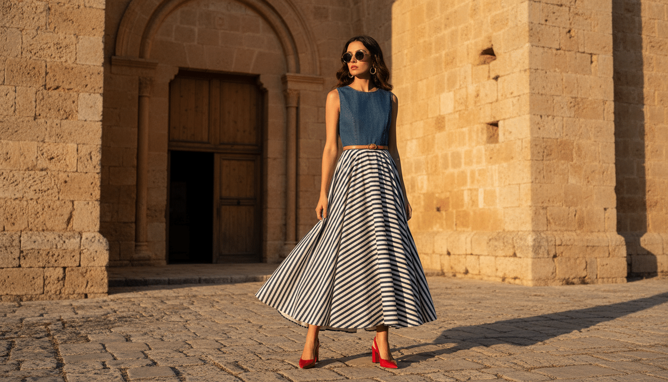 Tenue estivale avec babies Paula rouges devant une abbaye