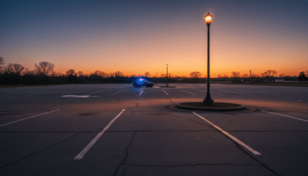 Parking vide avec voiture de police au crépuscule