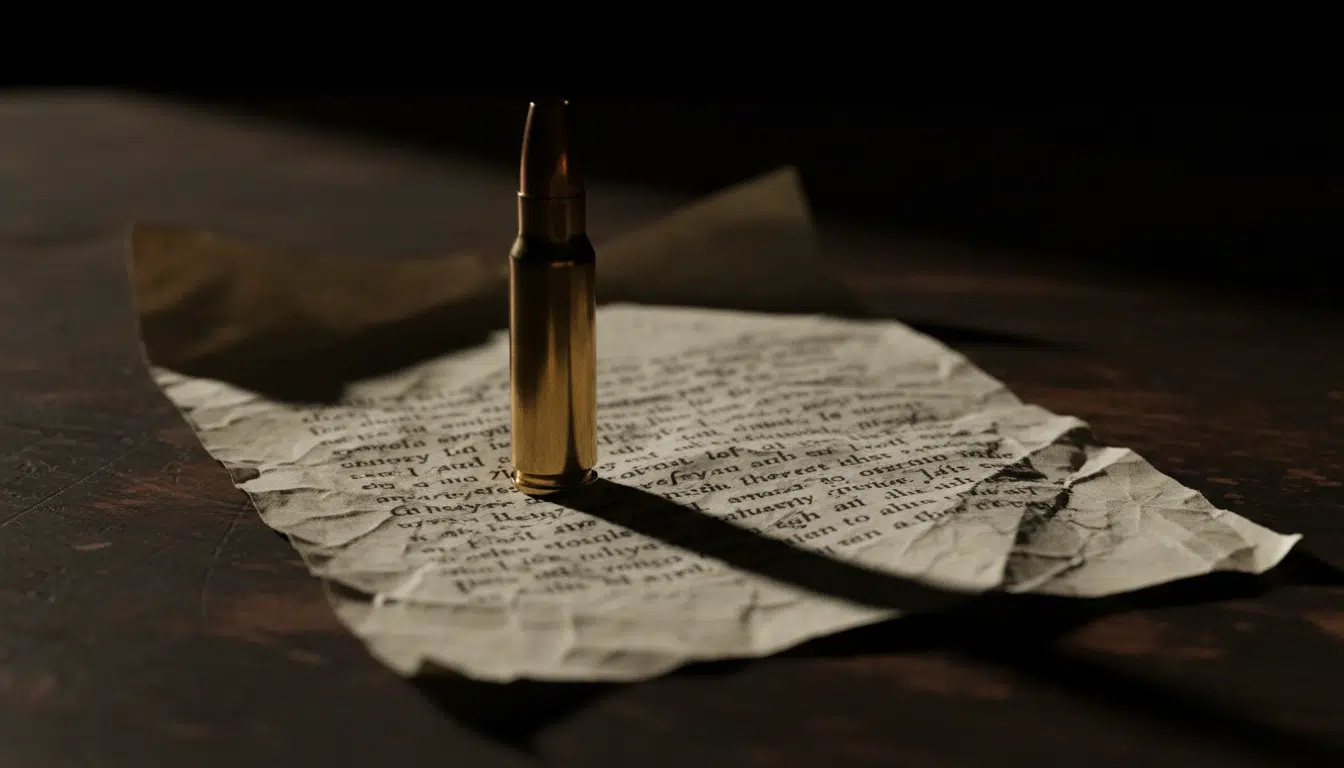 Une balle de fusil posée sur une lettre de menaces, symbole de l'intimidation reçue par le groupe LFI à l'Assemblée nationale