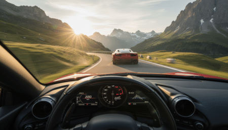 Voiture de sport roulant à grande vitesse sur une route suisse