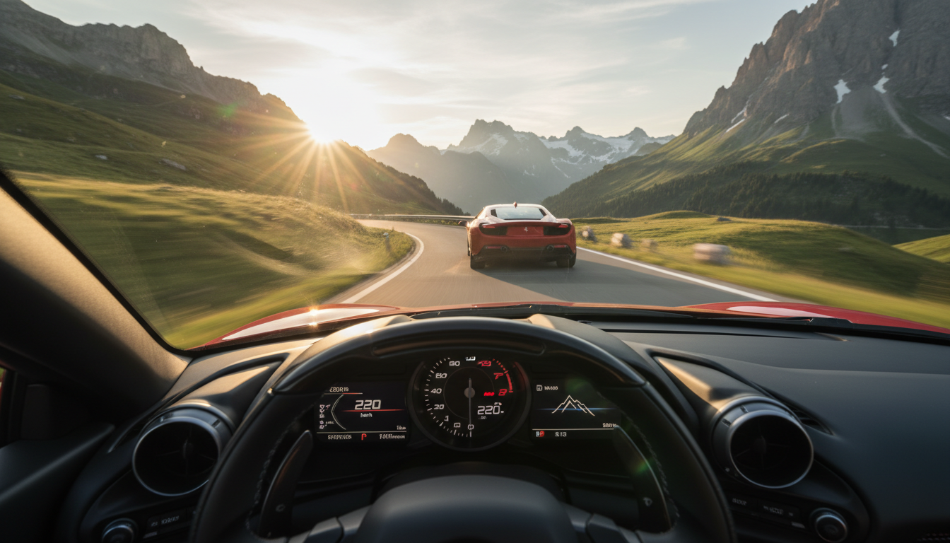 Voiture de sport roulant à grande vitesse sur une route suisse