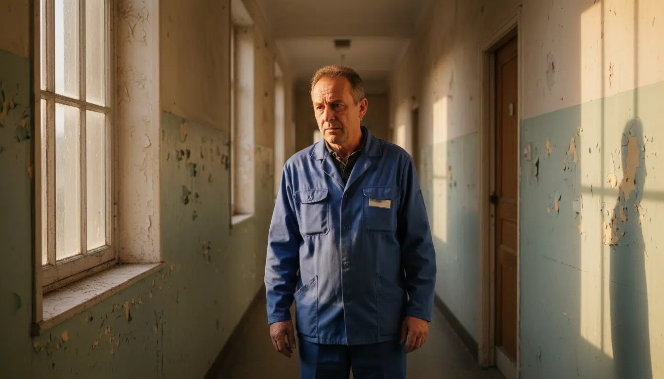 Gardien d'immeuble dans un couloir de logement social parisien