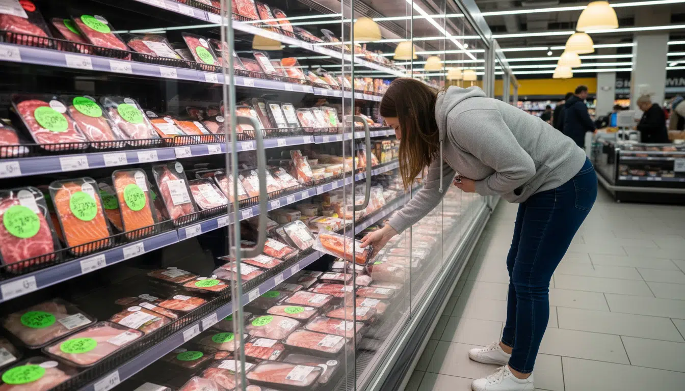 Barquettes de viande et poisson en promotion dans un rayon réfrigéré