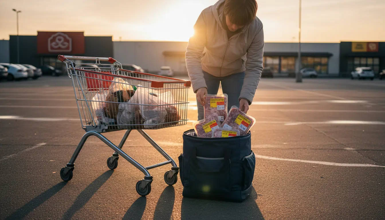 Client rangeant des barquettes à prix réduit dans un sac isotherme