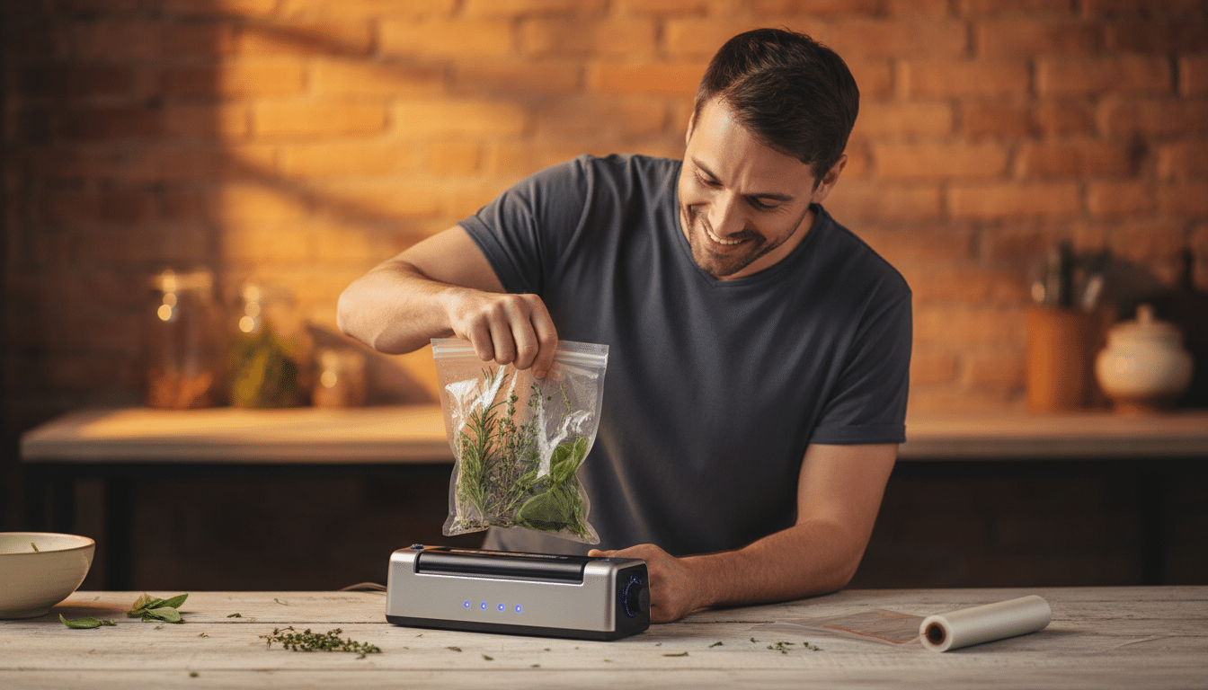 Homme utilisant un appareil de mise sous vide Silvercrest