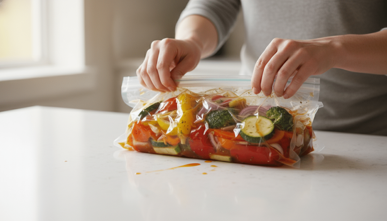 Mains scellant un sachet sous vide avec des légumes frais