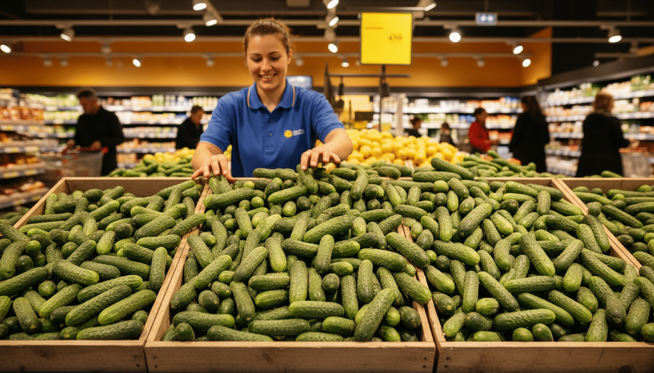Rayon concombres dans un magasin Lidl en France