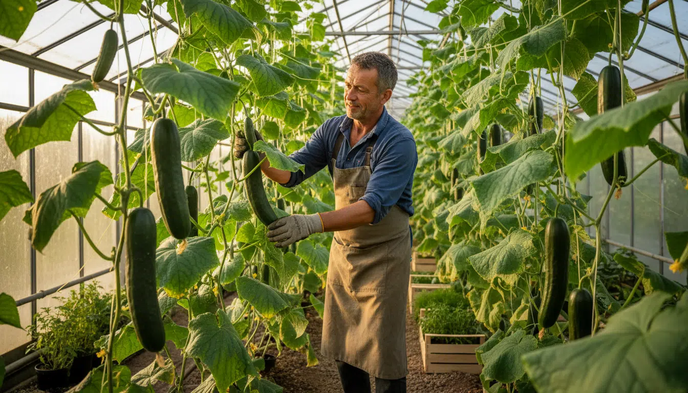 Maraîcher français dans une serre de concombres