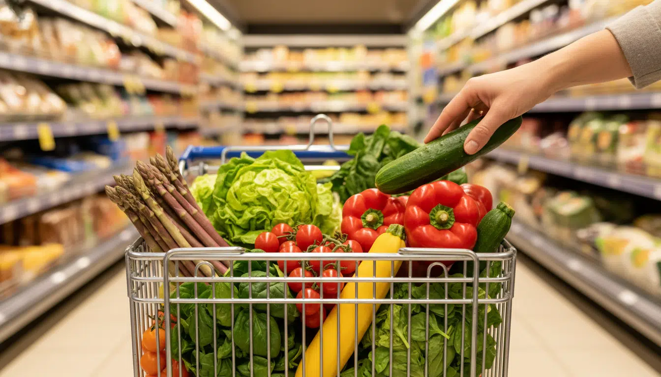 Concombres frais dans un caddie de supermarché