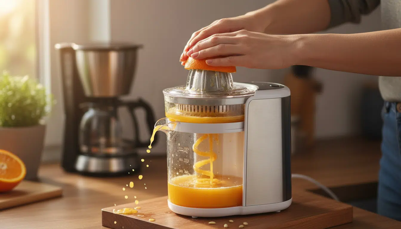 Presse-agrumes électrique en action avec une orange