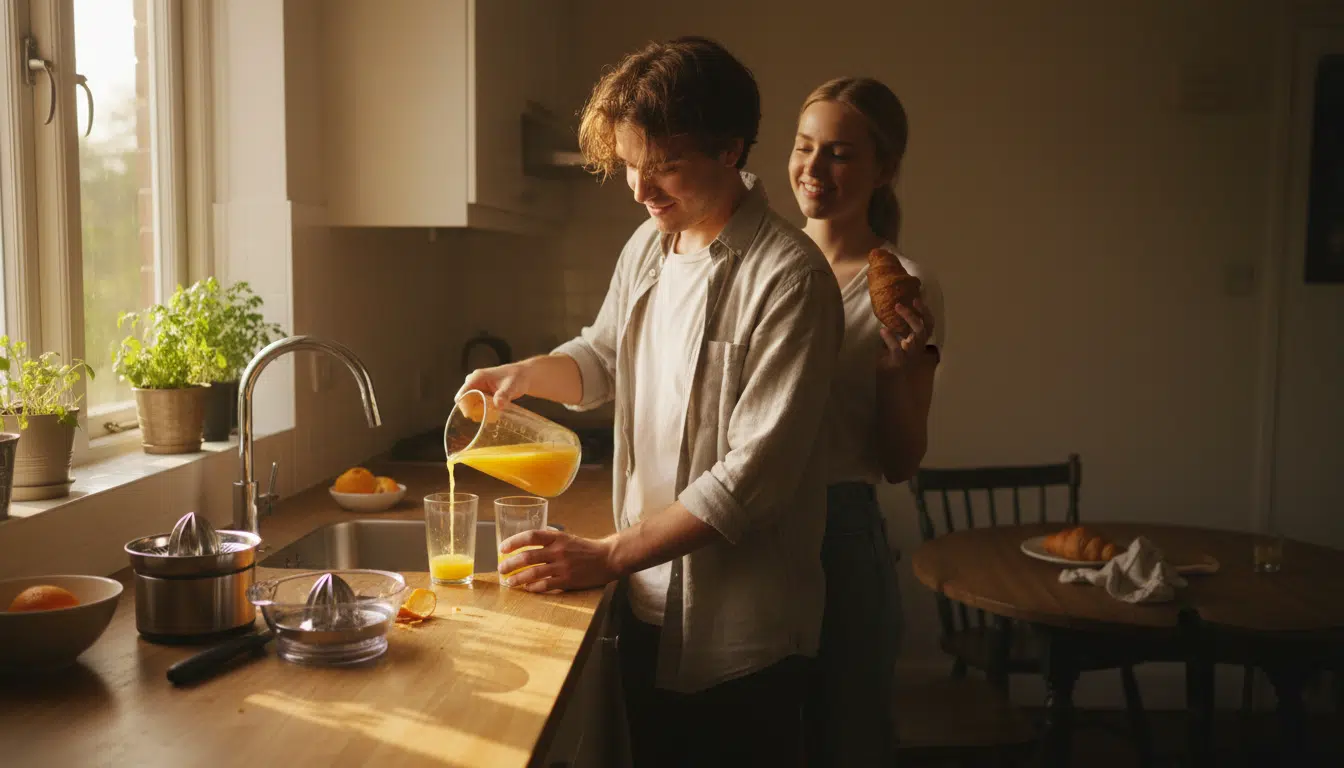 Couple servant du jus d'orange frais pressé le matin