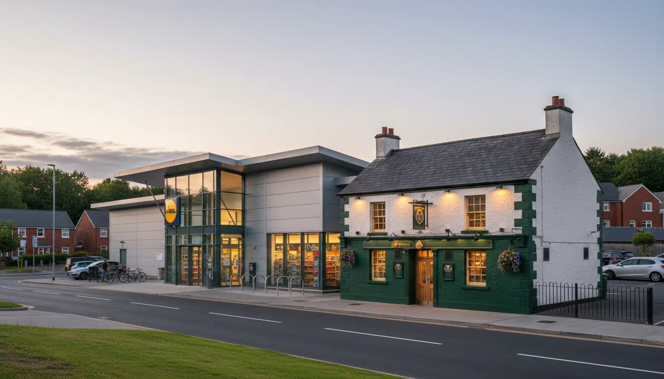 Pub Lidl accolé au supermarché à Dundonald Belfast