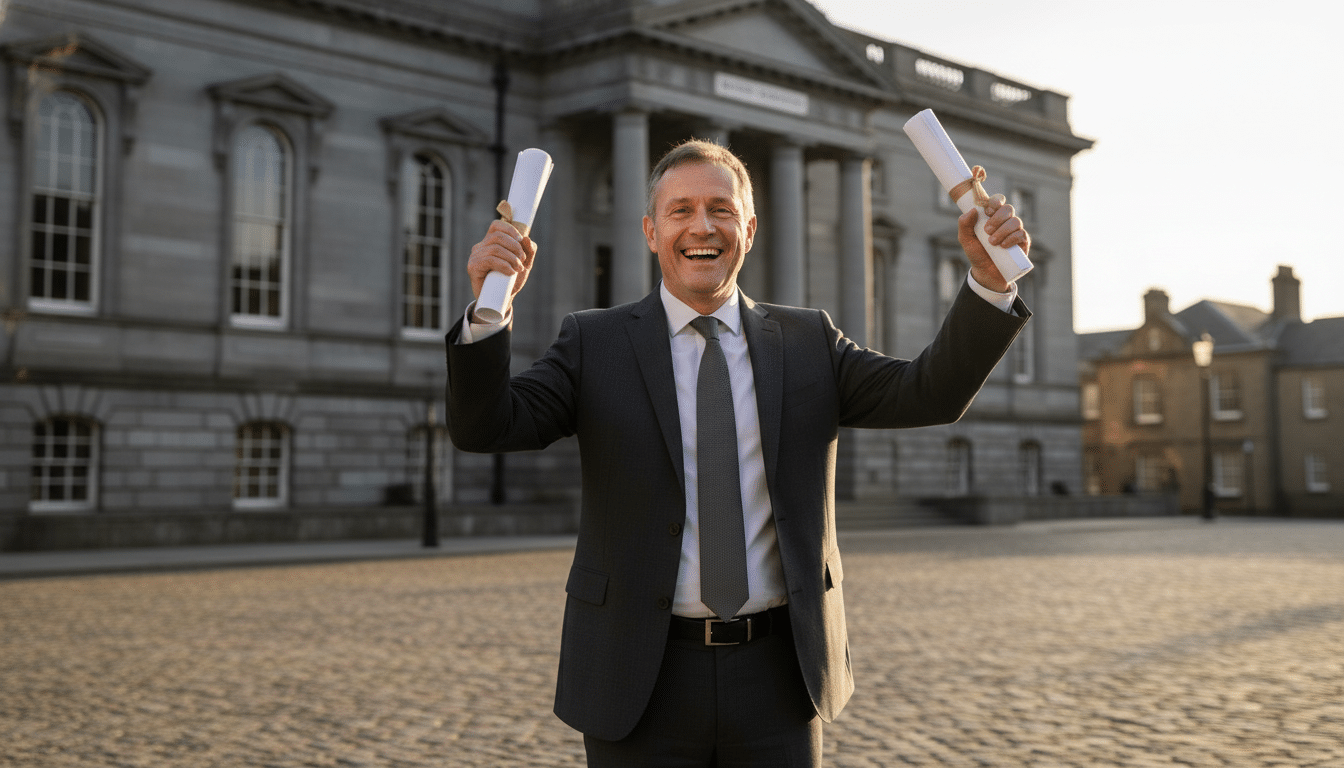 Homme soulagé après victoire juridique devant tribunal