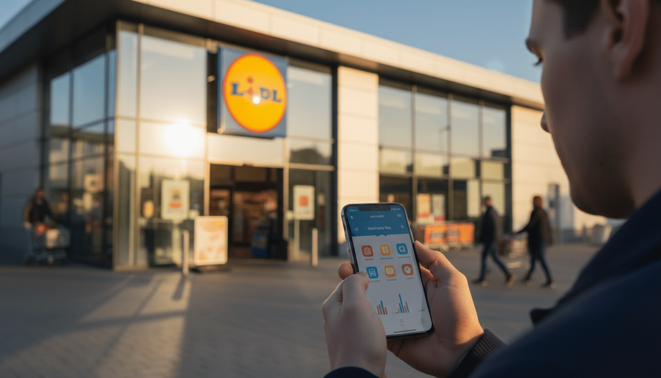 Magasin Lidl avec client consultant un forfait mobile