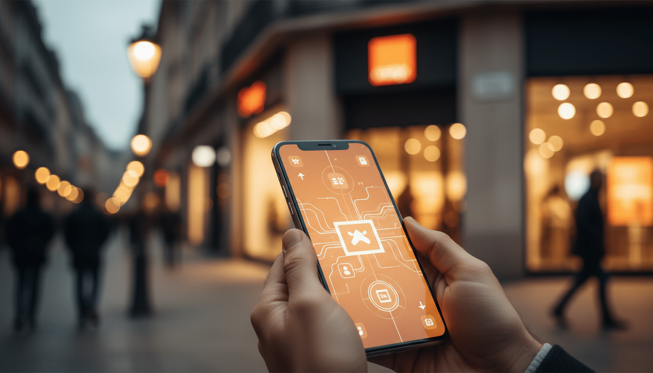Activation eSIM sur smartphone près d'une boutique Orange