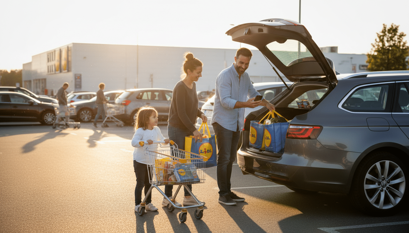 Famille chargeant ses courses Lidl dans le coffre